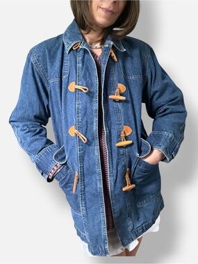 Vintage Liz Wear Denim Toggle Jacket with Leather Accents